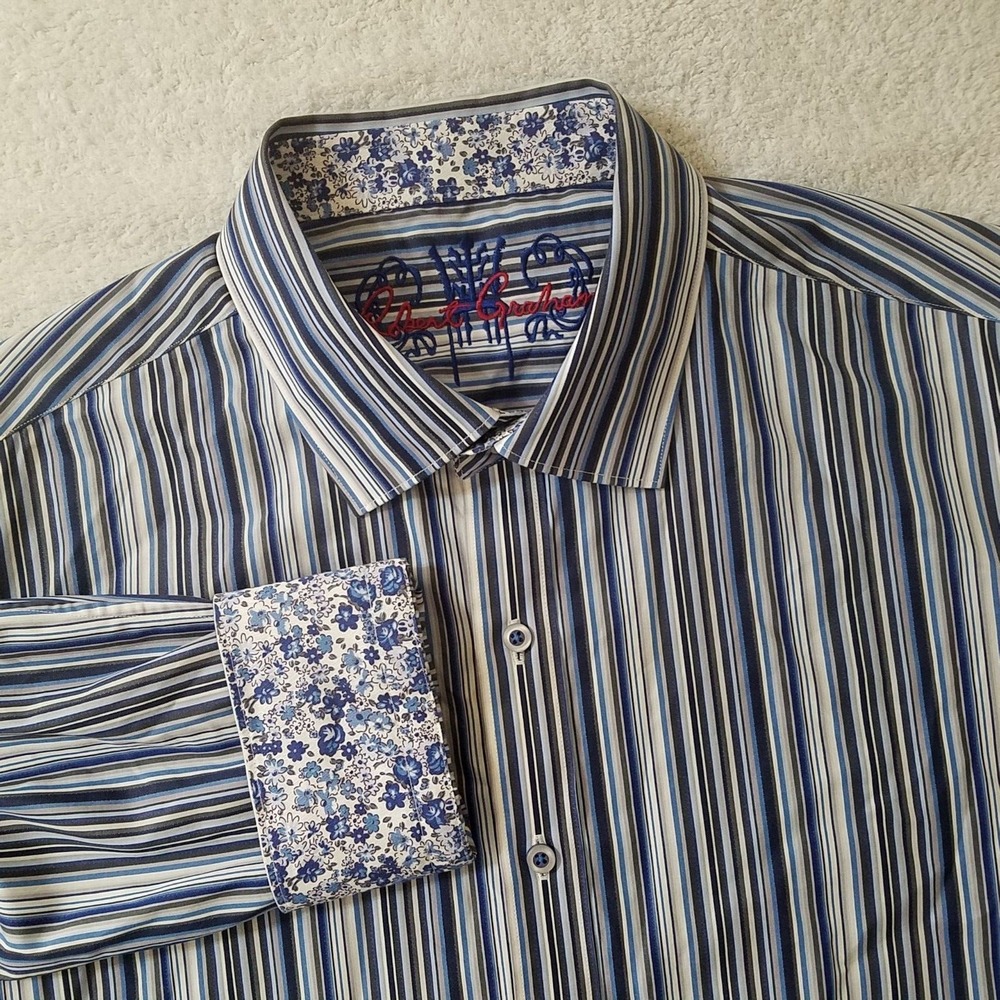 Robert Graham Mens Striped Button Front L/S Classic Fit Shirt‎ Flip Cuff Size XL